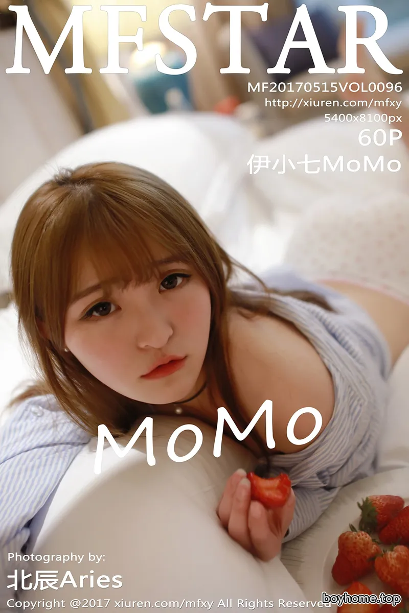 [MFStar模范学院] Vol.096 嫩模伊小七MoMo敞开条子衬衣半脱草莓内裤性感写真