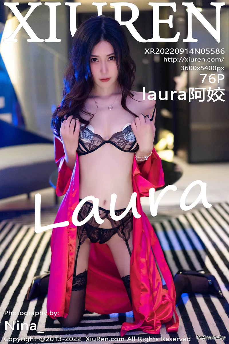 [XiuRen秀人网] No.5586 模特laura阿姣性感红色睡裙露黑色情趣内衣配蕾丝吊袜诱惑写真