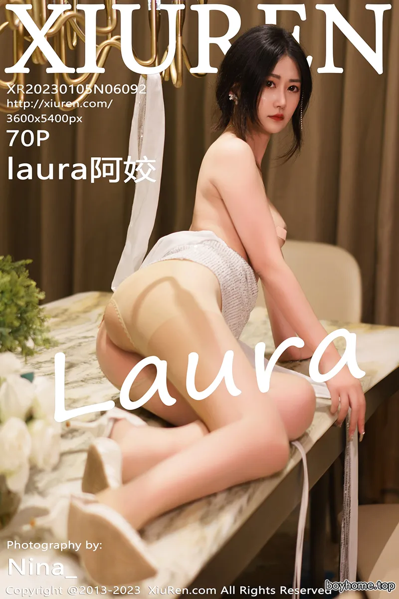 [XiuRen秀人网] No.6092 模特laura阿姣三亚旅拍浅色露肩连衣裙配开档肉丝惹火诱惑写真