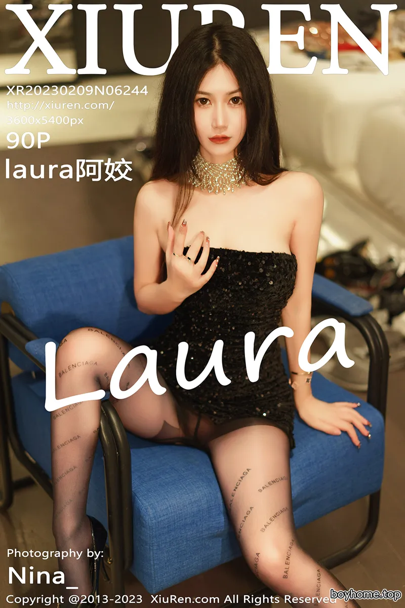 [XiuRen秀人网] No.6244 模特laura阿姣黑色露肩连衣短裙配超薄黑丝秀翘臀美腿诱惑写真