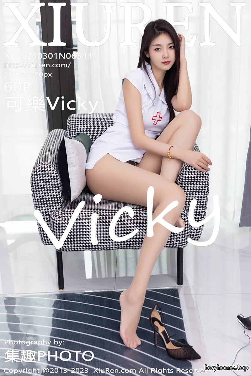 [XiuRen秀人网] No.6344 模特可乐Vicky黑色露肩连衣短裙配超薄黑丝秀翘臀美腿诱惑写真