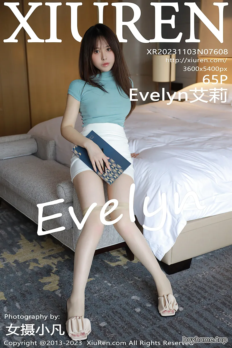 [XiuRen秀人网] No.7608 女神Evelyn艾莉蓝色上衣配白短裙露超薄肉丝秀翘臀惹火诱惑写真